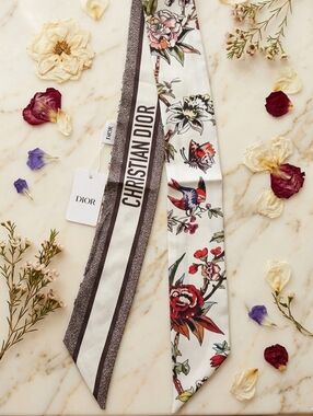 ♡♡♡ Dior Floral Silk Twilly with Christian Dior Script in White, Red, Green Blue